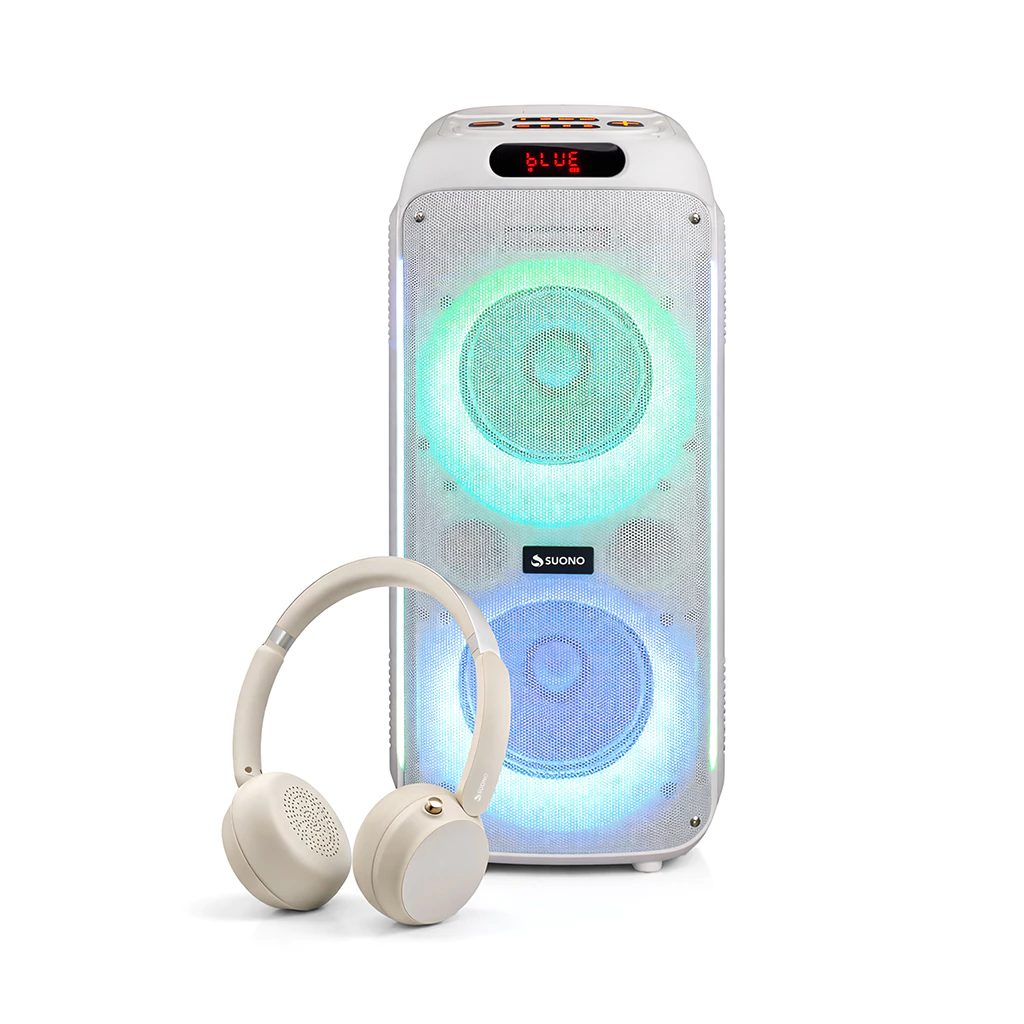 Combo parlante bluetooth 6,5" blanco y auriculares ANC crema