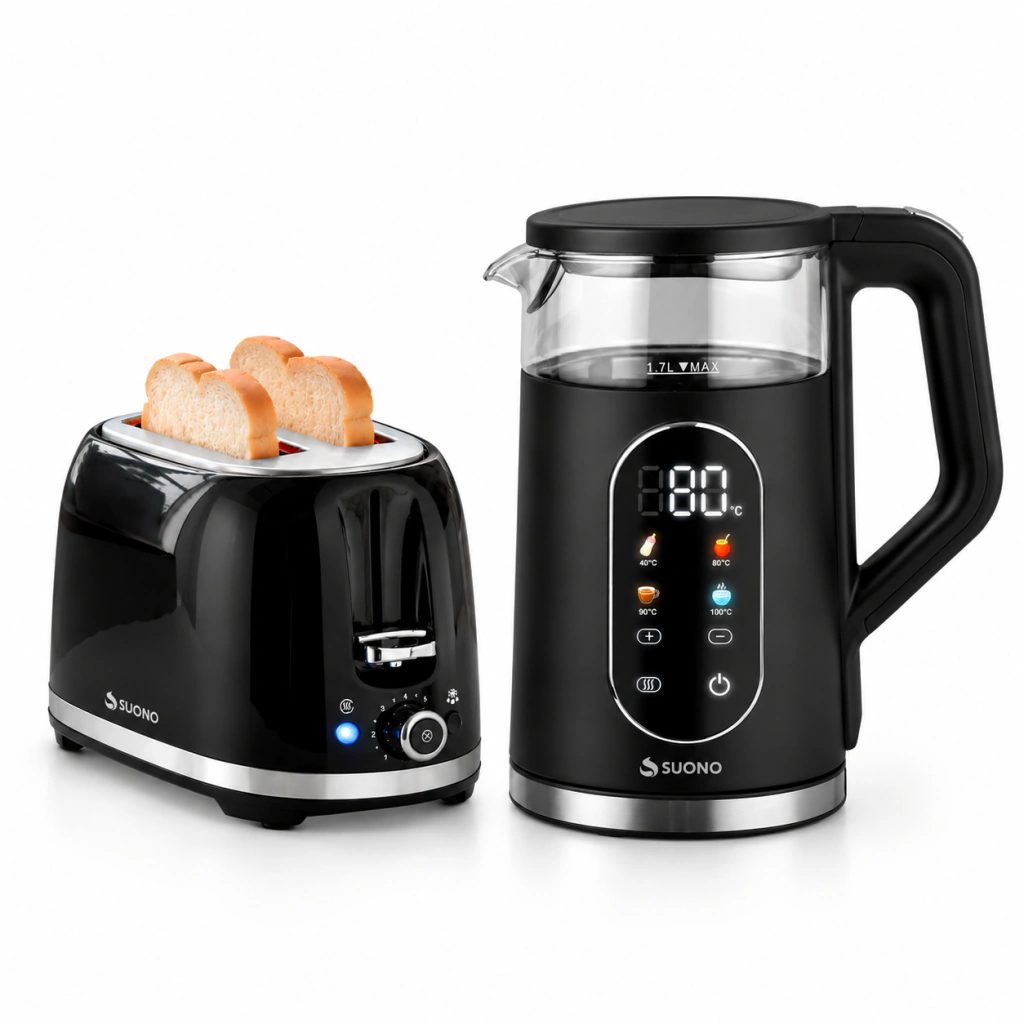 Combo pava digital de vidrio 1,7 L y tostadora retro 2 panes negra