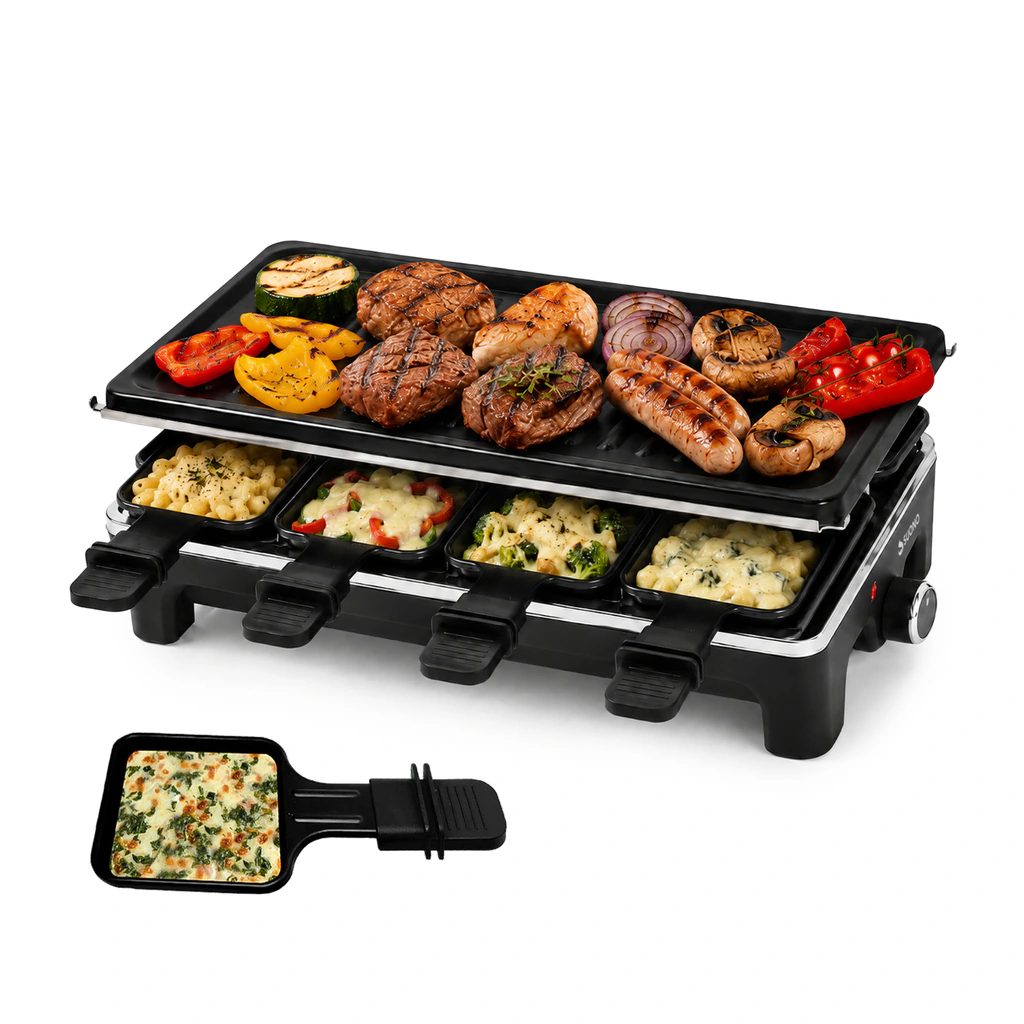Parrillera eléctrica grill 2 en 1 con 8 raclettes individuales